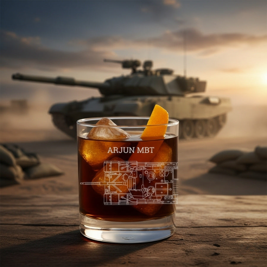 custom etched whiskey glass with an engraving of arjun main battle tank
