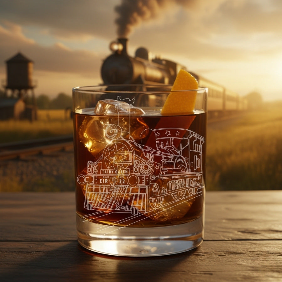 custom etched whiskey glass with an engraving of the fairy queen vintage locomotive
