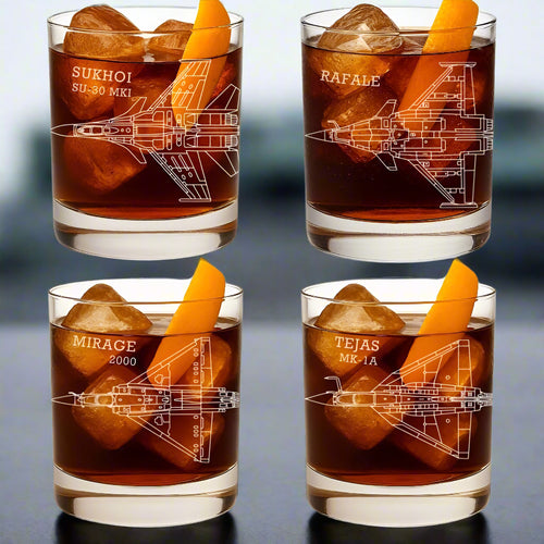 4 Glasses (1x Rafale + 1x Sukhoi SU-30 + 1x Tejas MK-1A + 1x Mirage 2000), tumblers hand engraved with Indian Air force fighter jets