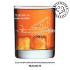 The 2025 Indian Air Force Whiskey Glass depicting the Tejas MK-1A fighter jet
