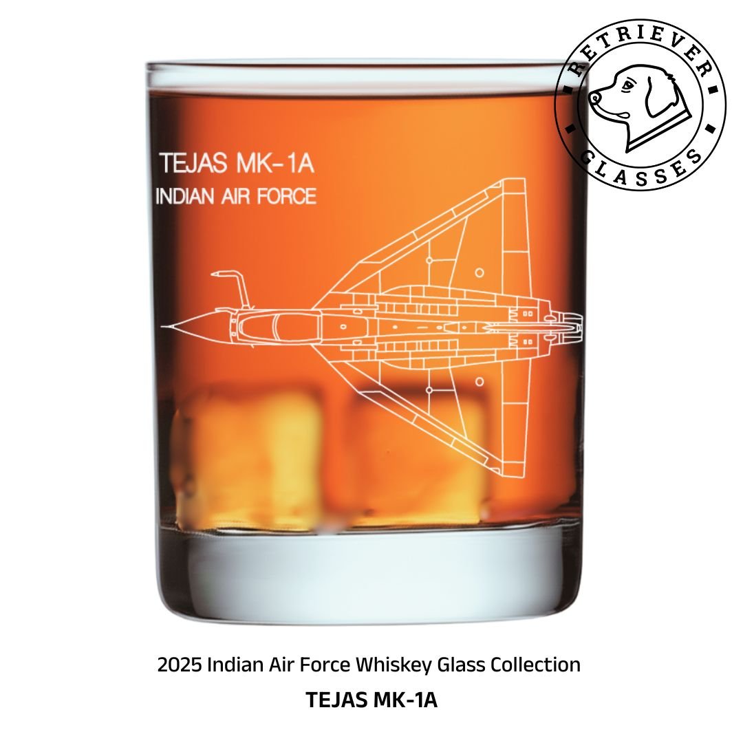 The 2025 Indian Air Force Whiskey Glass depicting the Tejas MK-1A fighter jet