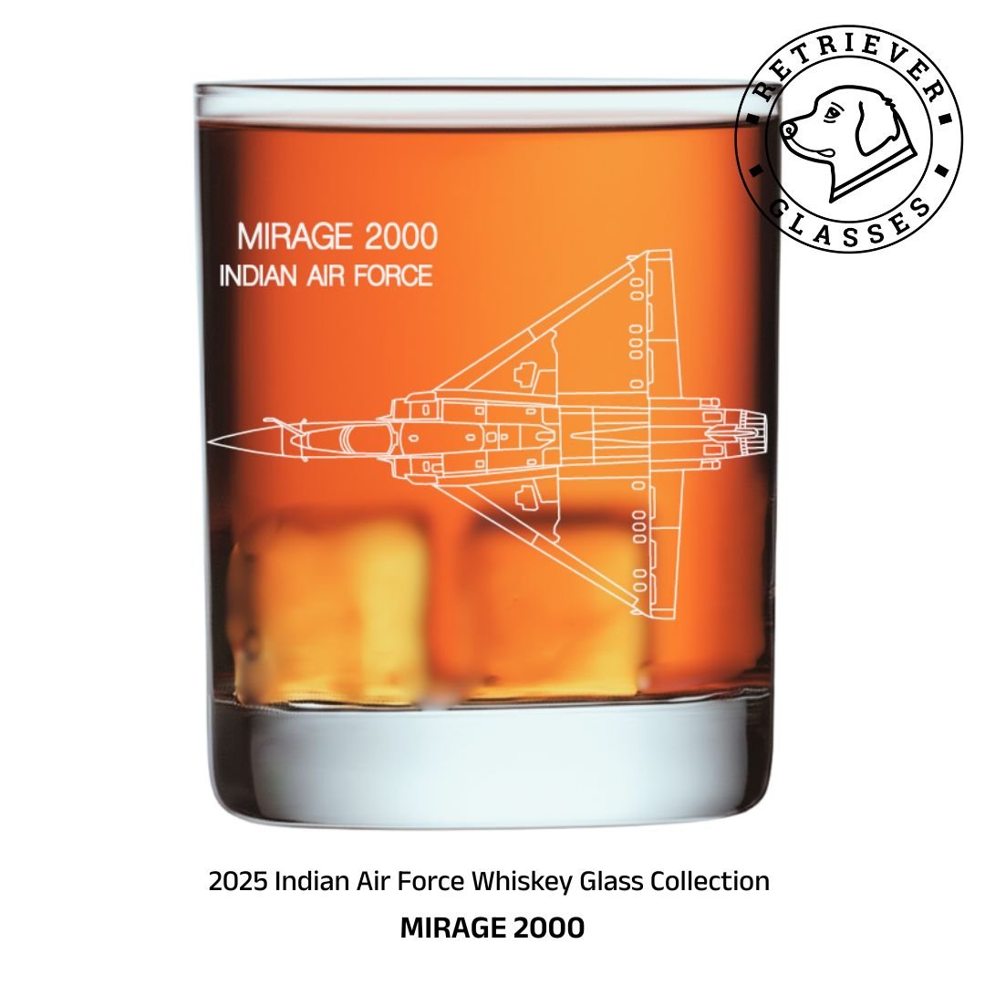 The 2025 Indian Air Force Whiskey Glass depicting the Mirage 2000 fighter jet