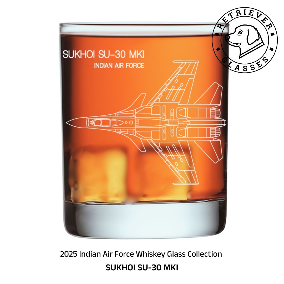 The 2025 Indian Air Force Whiskey Glass depicting the Sukhoi SU-30 MKI fighter jet