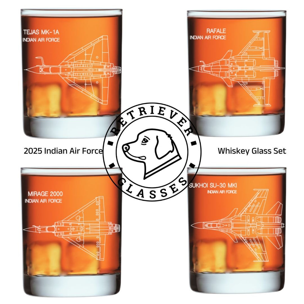 The 2025 Indian Air Force Whiskey Glass Set of 4 depicting 4 fighter jets