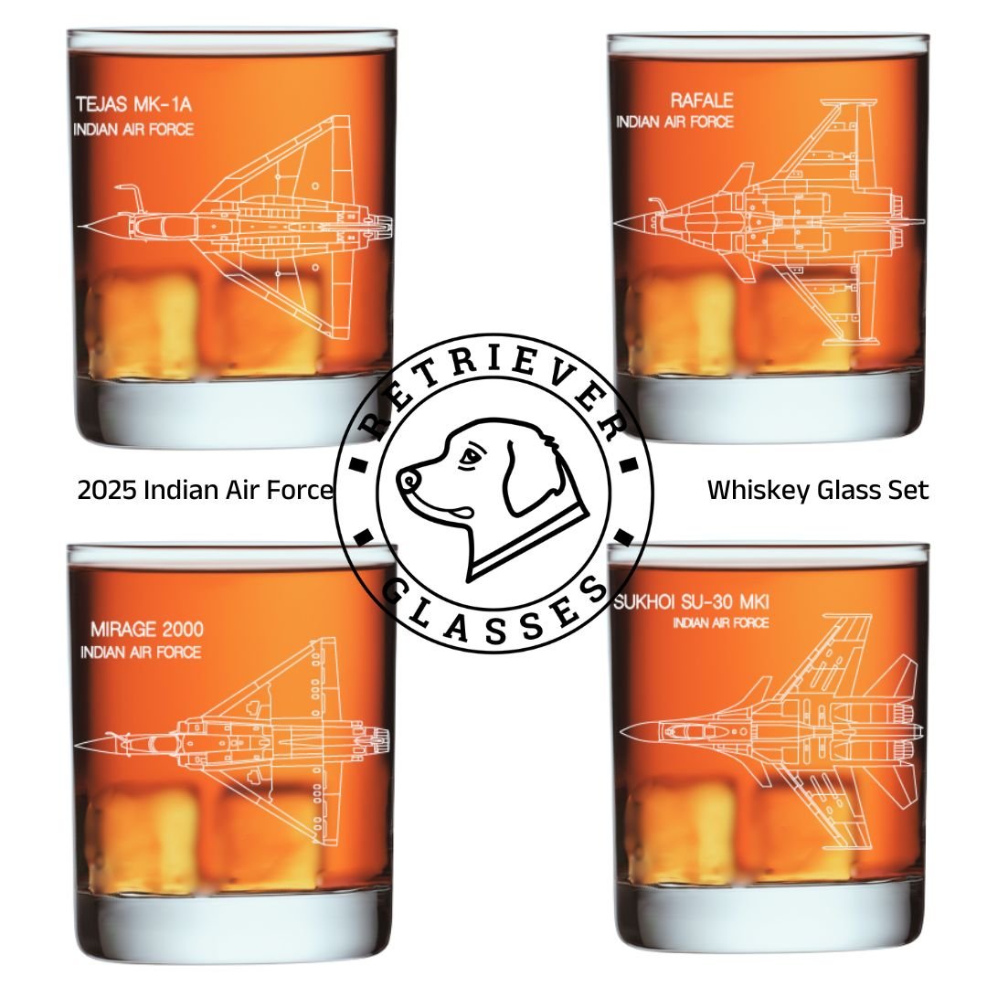 The 2025 Indian Air Force Whiskey Glass Set of 4 depicting 4 fighter jets