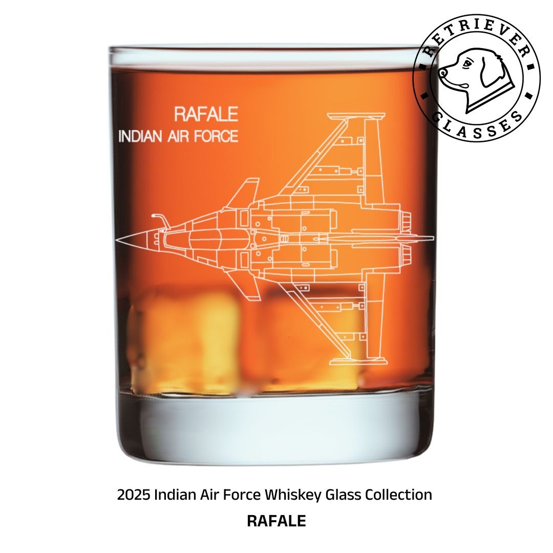 The 2025 Indian Air Force Whiskey Glass depicting the Rafale fighter jet