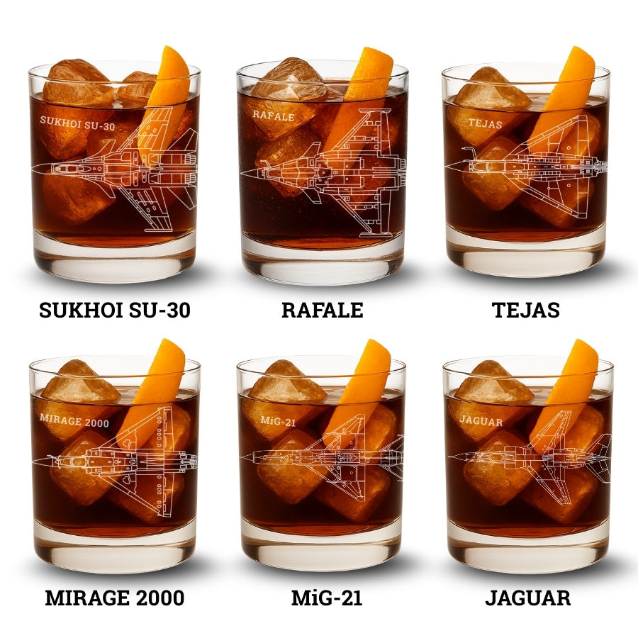 Six whiskey glasses each labeled with different aircraft names.