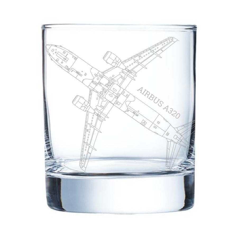 Clear glass with an engraved Airbus A320 aircraft design on a white background