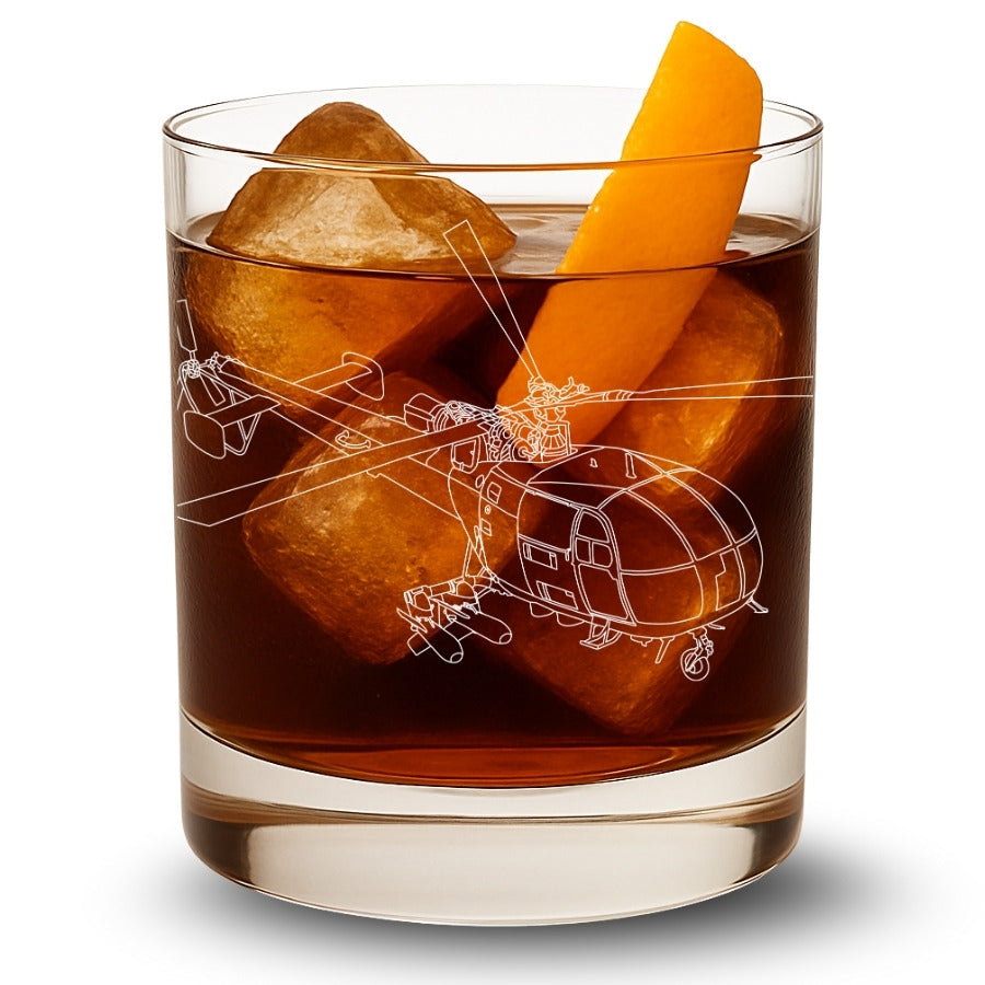 whiskey glass with an engrave of the alouette 3 helicopter