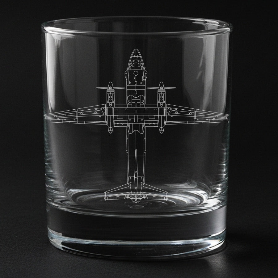 Clear glass tumbler with an an32 military airplane etching on a black background