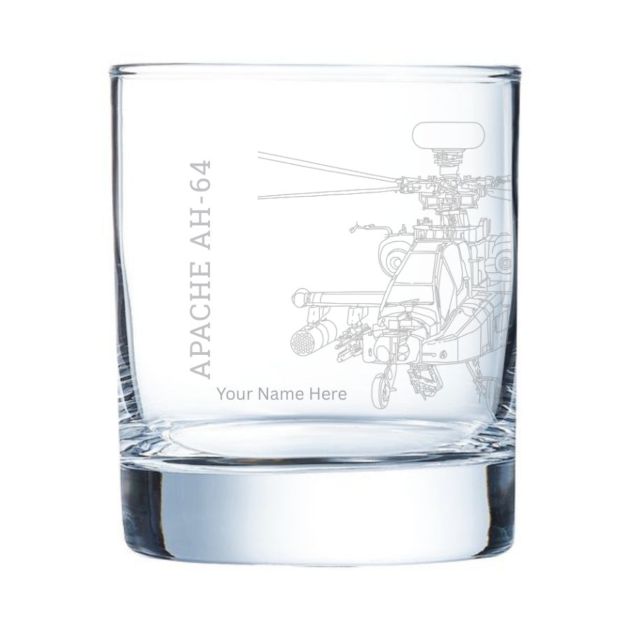 customizable glass with an etch of an apache ah-64 helicopter