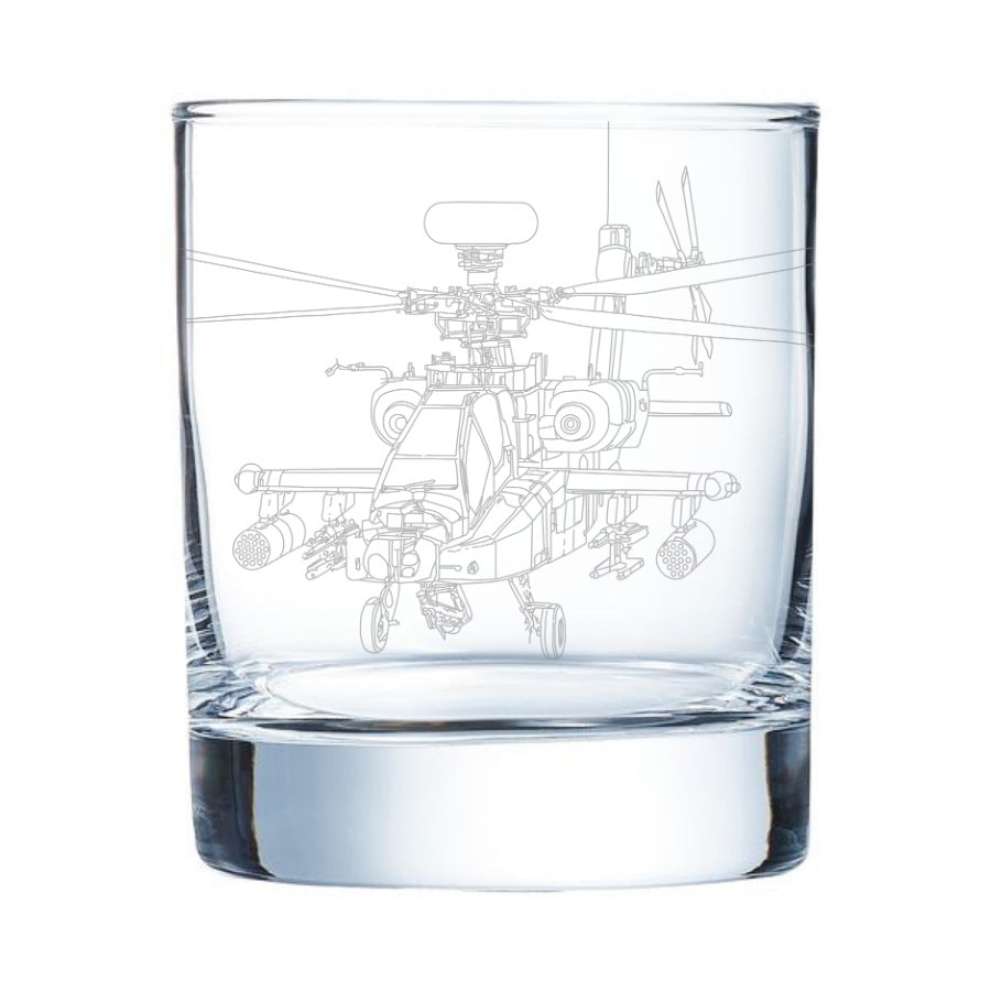 Clear glass with apache helicopter etching on a white background