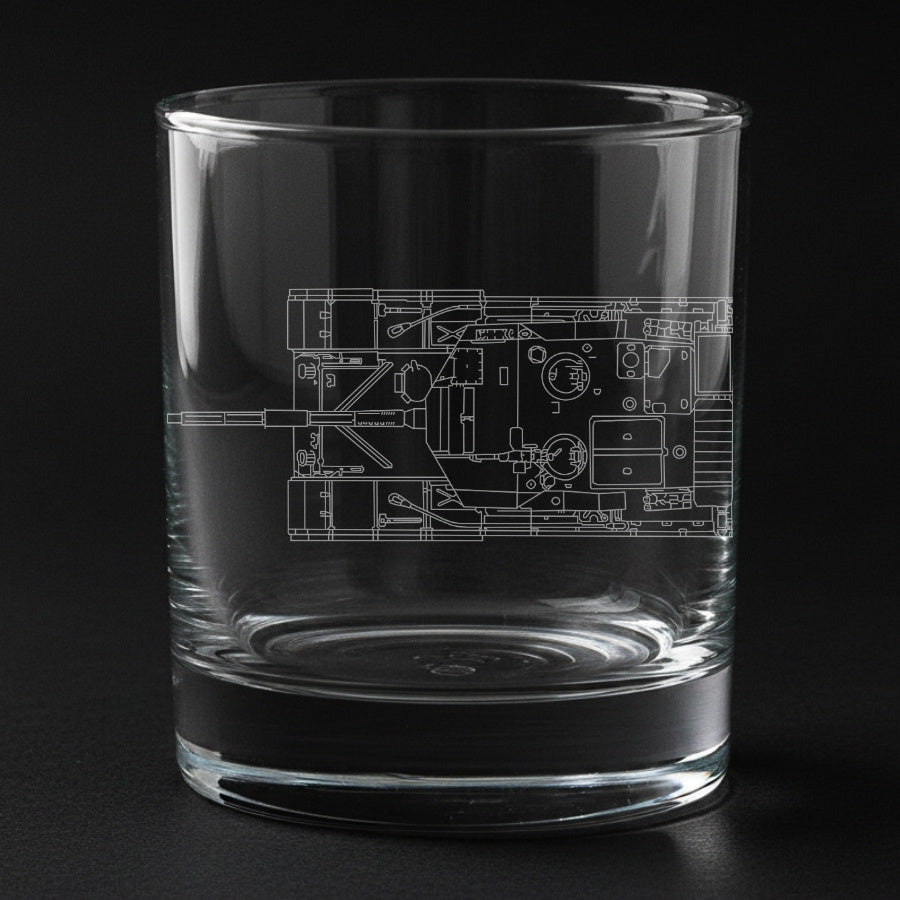 arjun tank engraved on a glass with a black background