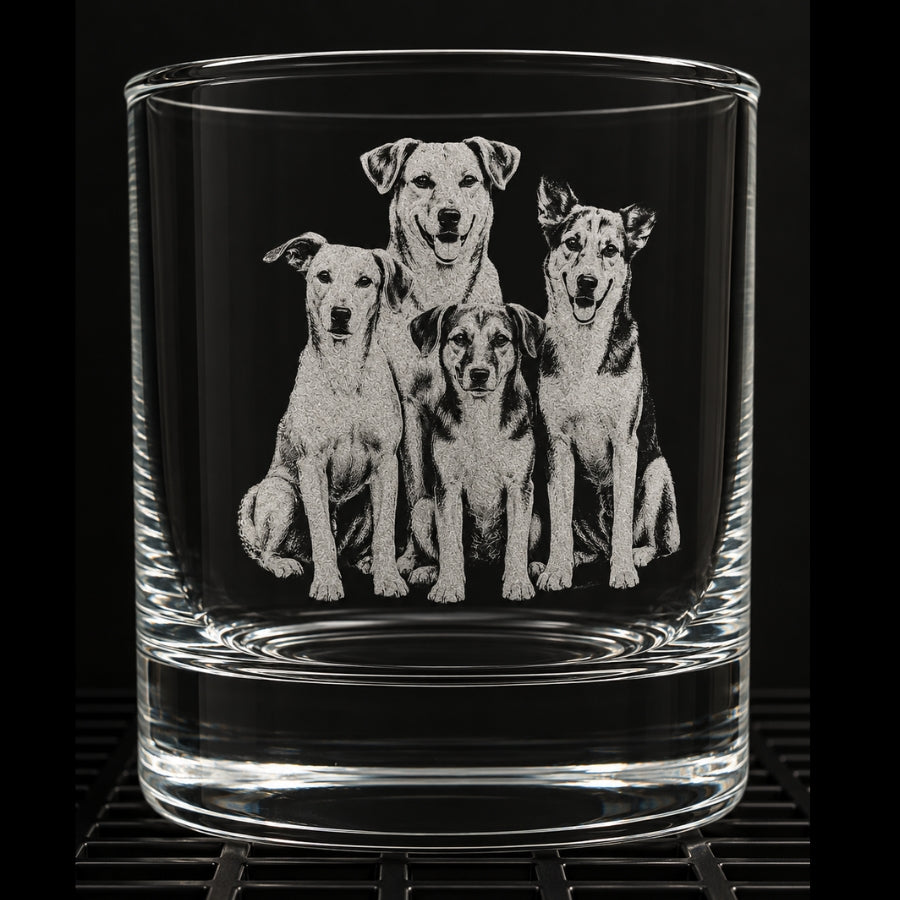 A glass with 4 indie dogs engraved