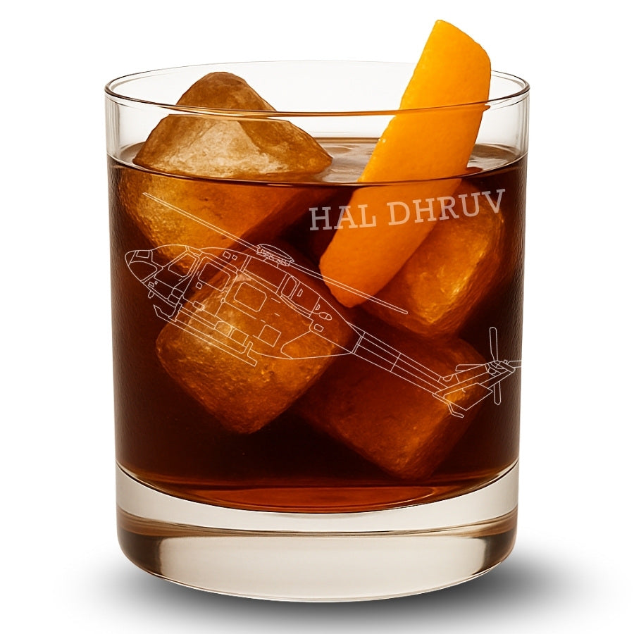 Glass of dark liquid with ice cubes and an orange slice, featuring 'HAL DHRUV' branding.
