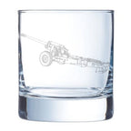 Clear glass tumbler with a laser-cut military vehicle design on a white background