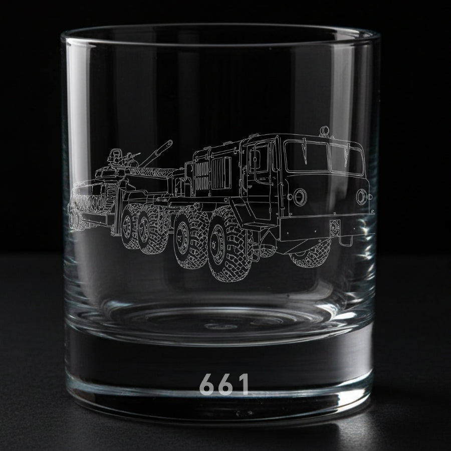A Maz tank transporter engraved on the glass with 661 regiment against a black background
