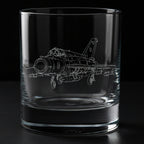 Clear glass tumbler with a Mig-21 plane engraving on a black background