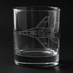 Clear glass tumbler with a Mig-29 fighter airplane etching on a black background
