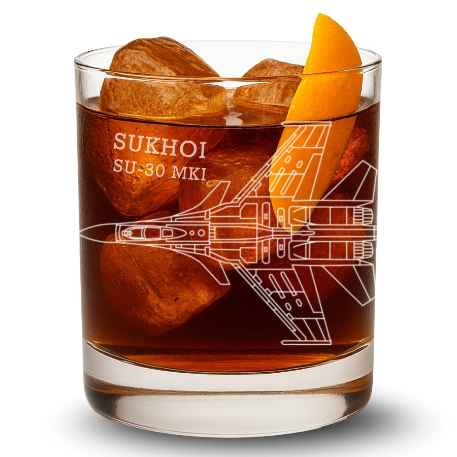 Glass with a Sukhoi SU-30 MKI design, filled with a brown liquid and ice cubes.