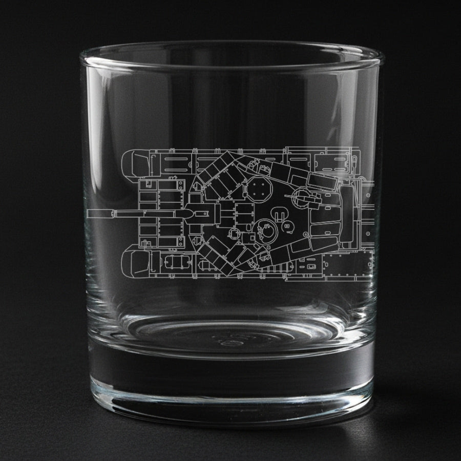 T-90 tank engraved on a glass with a black background