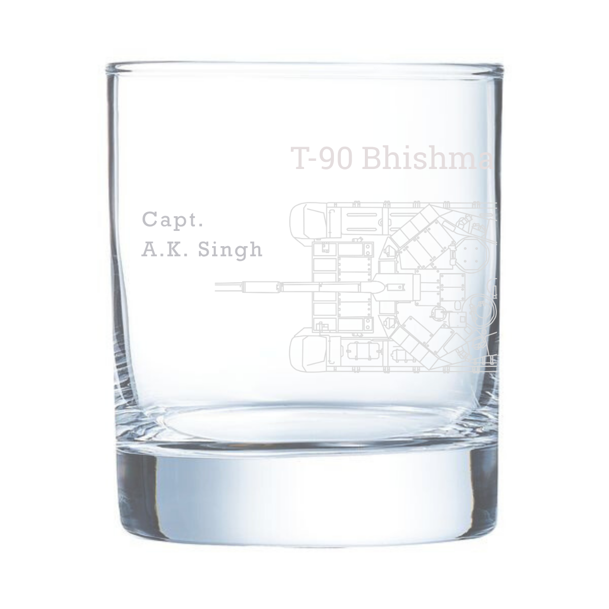 Clear glass tumbler with engraved design and text on a white background