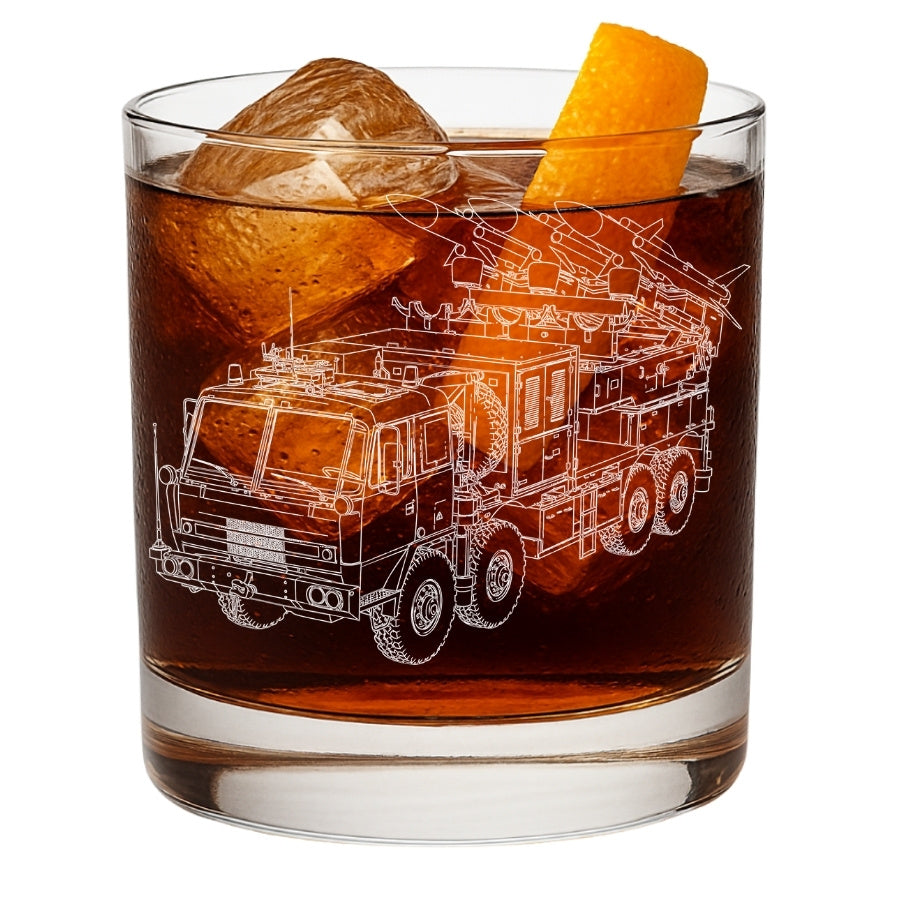 Clear cocktail glass tumbler with an etch of akash missile defence system 