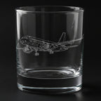 Clear glass tumbler with an airbus A320 airplane etching on a black background
