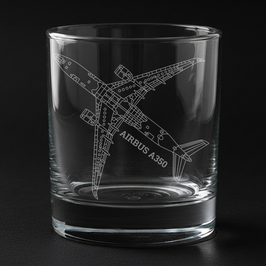 an airbus 350 aircraft engraved on a glass with a black background