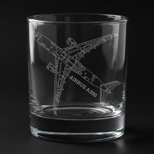 an airbus 350 aircraft engraved on a glass with a black background