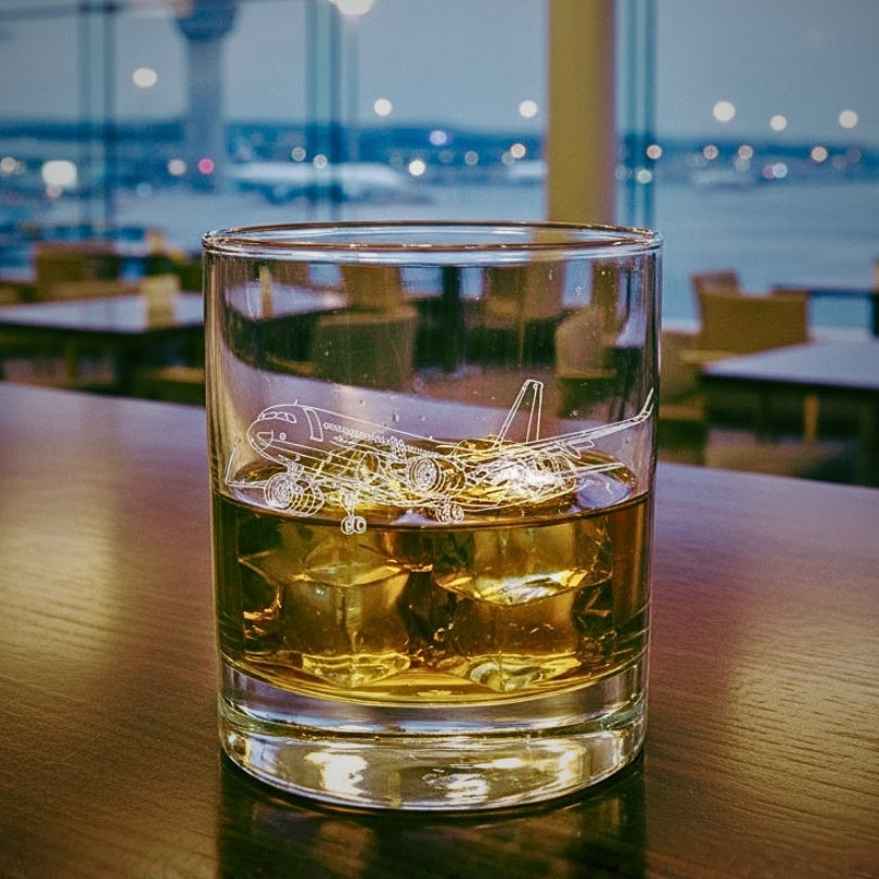 Glass of amber liquid with airbus a320 airplane engraving on a wooden table, blurred airport background