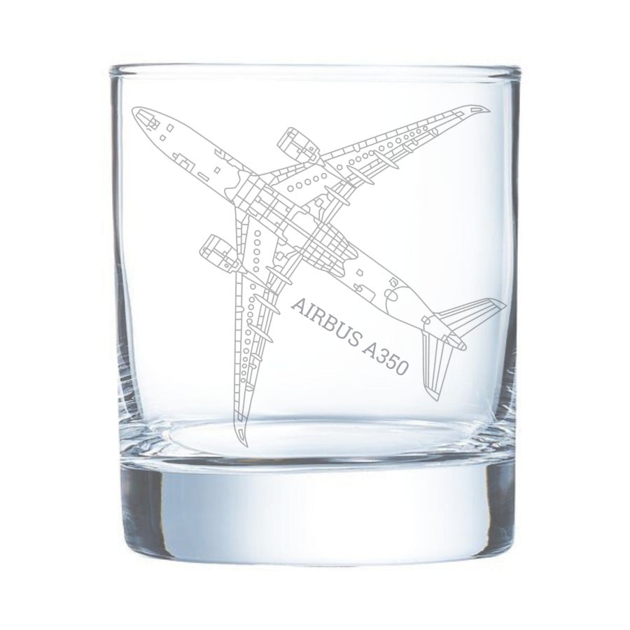 Clear glass tumbler with engraved Airbus A350 aircraft design on a white background