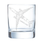 Clear glass tumbler with engraved Airbus A350 aircraft design on a white background