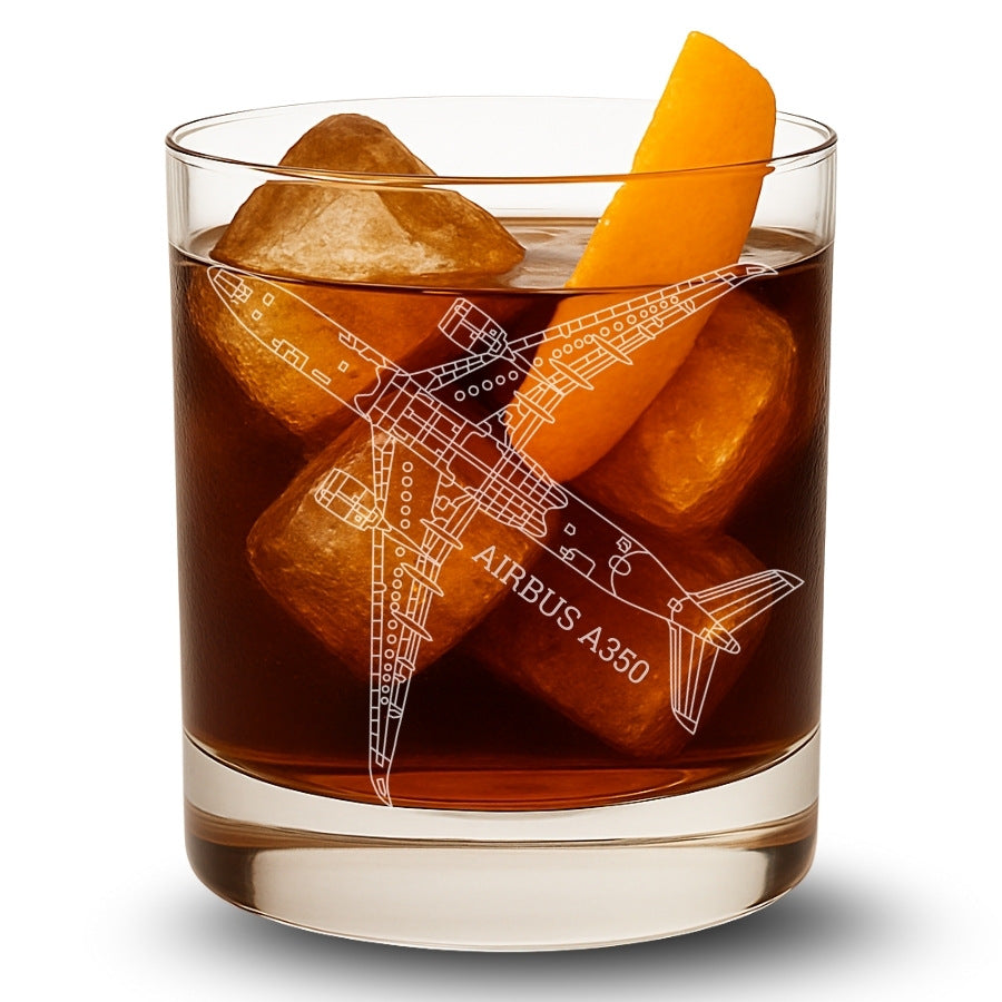 Glass of dark liquid with ice cubes and an Airbus A350 design, on a white background