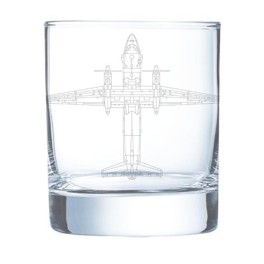 Clear glass tumbler with an an32 cargo plane engraved on a white background