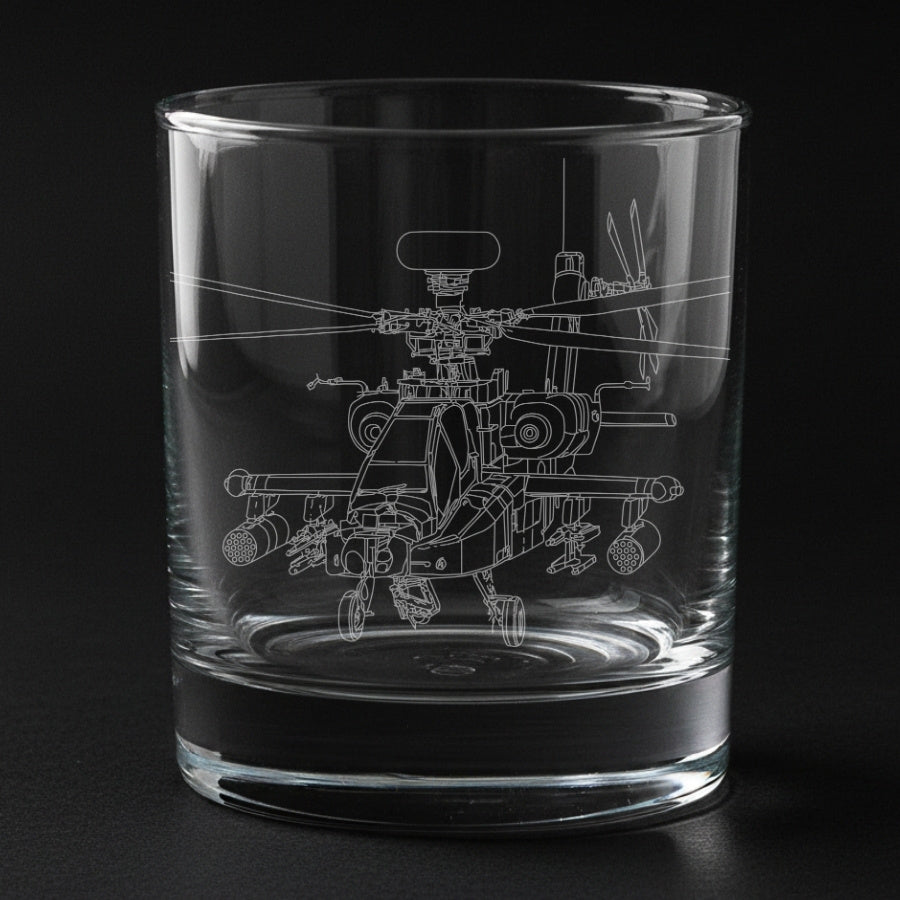 Apache ah64 helicopter engraved on a glass with a black background