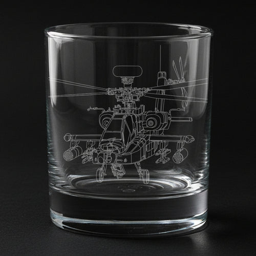 Apache ah64 helicopter engraved on a glass with a black background