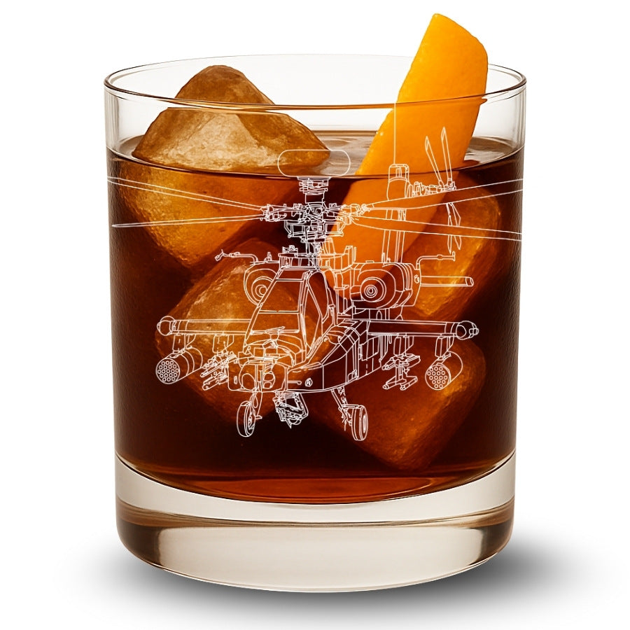 Glass of dark liquid with ice and an orange slice, featuring a white line drawing of a apache helicopter on a white background.