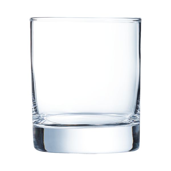 Clear glass tumbler on a white background