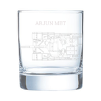Clear glass with engraved design and 'ARJUN MBT' text on a white background