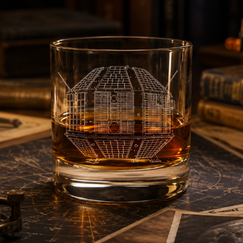 A engraved glass with a sattelite drawing on a table with books and other things.