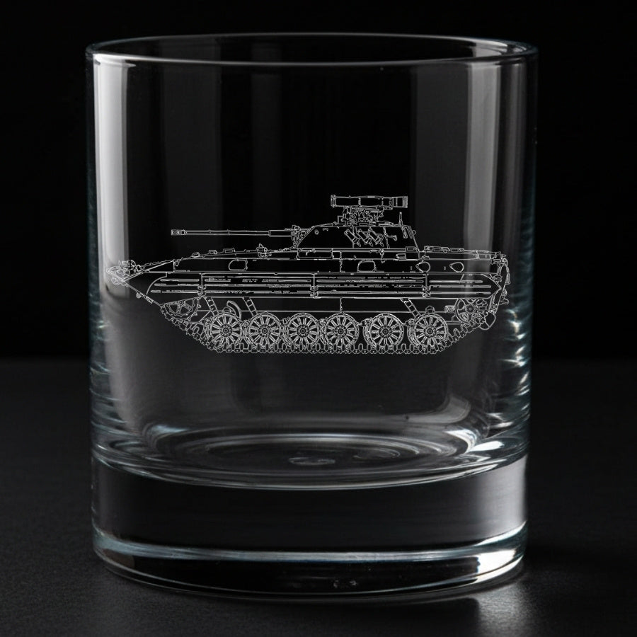 Clear glass with a bmp-2 tank engraving on a black background