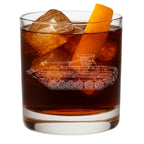 Glass of dark liquid with ice and an orange peel, featuring a bmp-2 tank design on the glass.