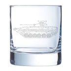 Clear glass tumbler with a bmp-2 tank engraving on a white background