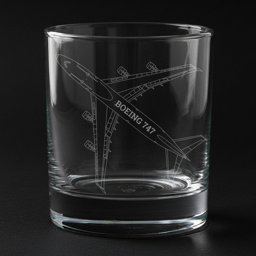 boeing 747 aircraft engraved on a glass with a black background