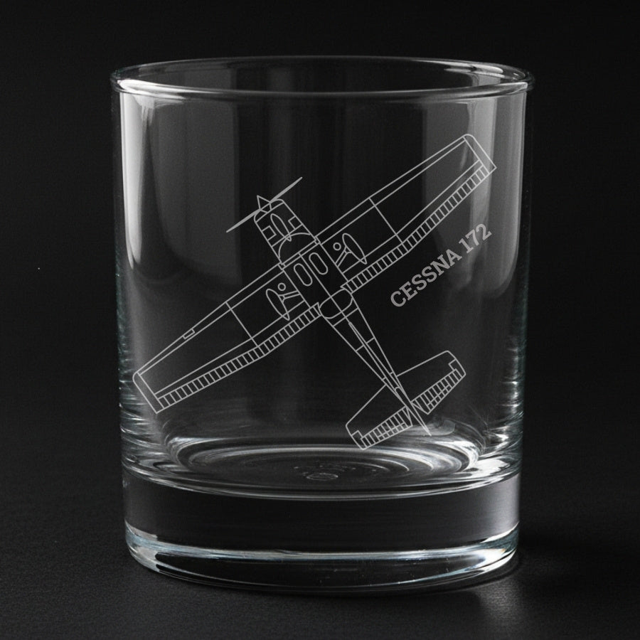 A cessna 172 aircraft engraved on a glass with a black background