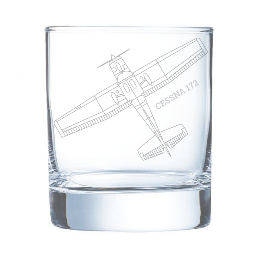 Clear glass with engraved Cessna 172 airplane design on a white background