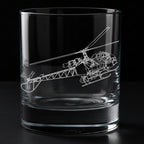 Clear glass tumbler with cheetah helicopter side & rear profile engraved on a black background