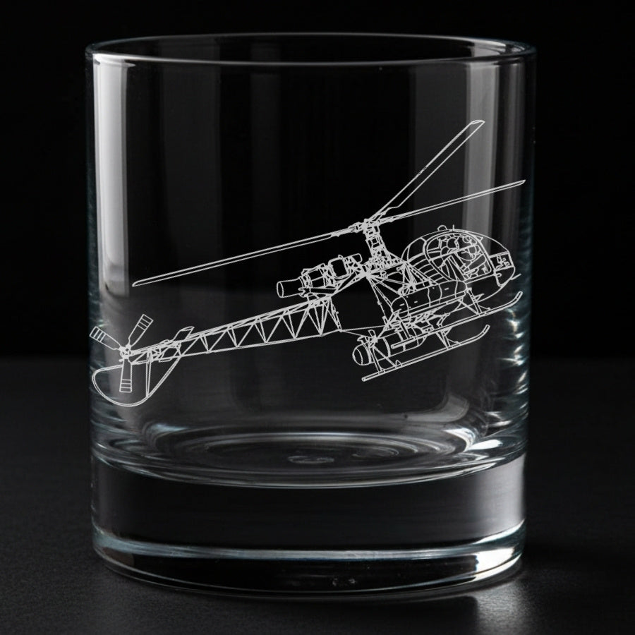 Clear glass tumbler with cheetah helicopter side & rear profile engraved on a black background