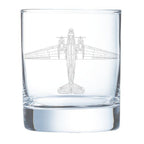 Clear glass tumbler with a DC-3 Dakota Cargo airplane blueprint etched on it against a white background